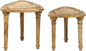 Beliani Conjunto De 2 Mesas De Madera De Mango Clara Natural Nido Tablero Tallado Saora