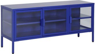 Sweeek Industrial metal and tempered glass TV stand with 3 doors 120cm, Arkansas, Blue, 120x35x55 cm
