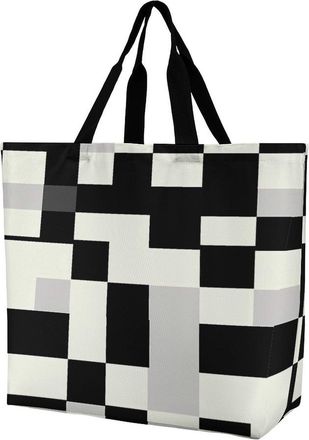 Generic Black And White Checkered Large Reusable Shopping Bag Lightweight Foldable Tote Bags Washable Shoulder Handbag
