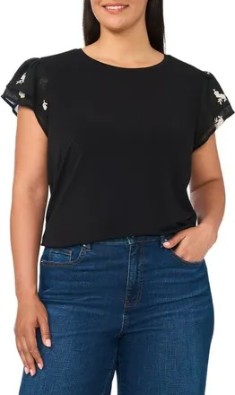 CeCe by Cynthia Steffe Embroidered Tiered Ruffle Sleeve Stretch Crepe Top in Rich Black at Nordstrom, Size 3X