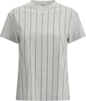 Brunello Cucinelli Gestreept T-shirt met mini-pailletten - Dames - T-shirts - Grijs - S - Pailletten - Tops