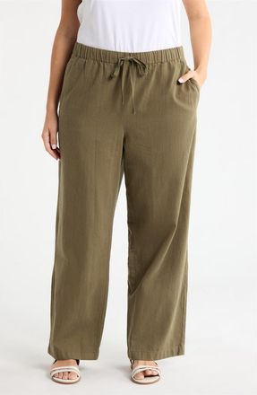 Eileen Fisher Organic Cotton & Organic Linen Straight Leg Drawstring Pants in Olive at Nordstrom, Size 2X