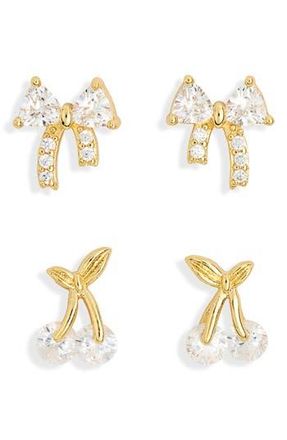 Nordstrom Rack 2-Pack Cherry Bow Stud Earrings in Clear- Gold at Nordstrom Rack