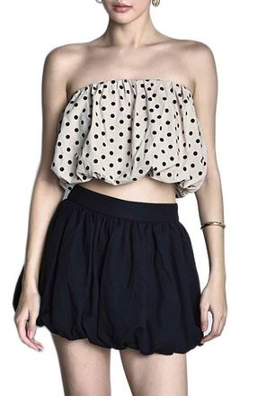 endless rose Polka Dot Strapless Bubble Top in Taupe/Black at Nordstrom, Size X-Small