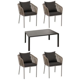 Hhg Set De Jard&iacute;n Hhg 616, Mesa+4xsillas, Aluminio Resistente A La Intemperie 140x80cm, Tejido De Cuerda Rope, Gris, Cojines Gris Oscuro