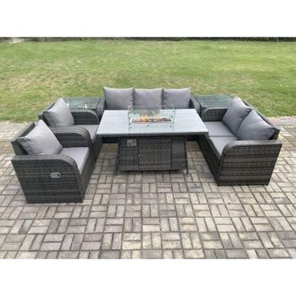 Fimous 7 Seater pe Wicker Outdoor Rattan Garden Furniture Set Propane Gas Fire Pit Table and Sofa Chair set with 2 Side Tables - Fimous