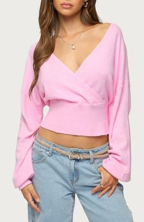 Edikted Lillia V-Neck Wrap Crop Sweater in Pink at Nordstrom, Size X-Small