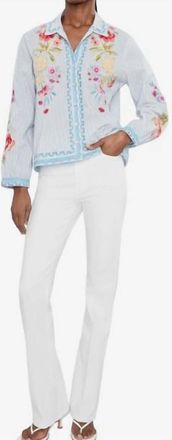 Johnny Was Angela Open Neck Shirt In Blue White Stripe