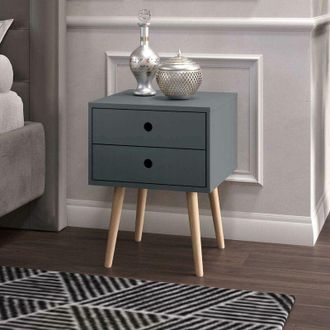 Home Source Industries Home Source - Bedside Cabinet Side Table Blue Nightstand with 2 Storage Drawers Wooden Legs