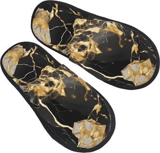 Generic Home Slippers Black Marble Texture Golden Printing Fluffy Slippers Plush Washable House Slipper For Guest Travel Party L