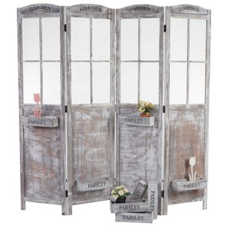 Hhg [nunca Usado] Paravent Hhg-599, Biombo Separador De Ambientes, Cestas Para Plantas 4 Paneles, Aspecto Desgastado 170x180x22cm, Marr&oacute;n-gris