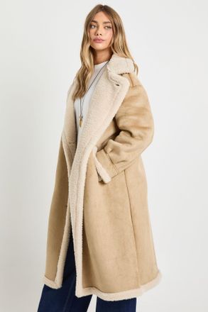 Boohoo Womens Teddy Trim Maxi Aviator - Beige - Size 12 UK