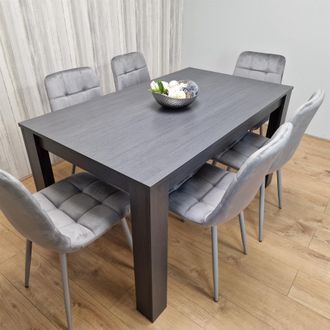 Kosy Koala Dining Table & 6 Chairs Black Dark Grey 6 Grey Velvet Chairs Wood Dining Set Furniture in Brown