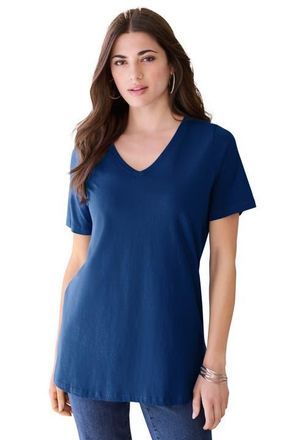 Roaman's Plus Size Cotton Ultimate V-Neck Tee in Evening Blue at Nordstrom, Size Medium