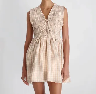 French Connection Rhodes Poplin Gingham Smocked Dress In Ginger Almond Nude