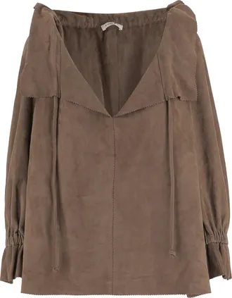 By Malene Birger Ruffled V-Neck Suede Blouse With Drawstring Closure