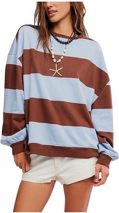 Free People We The Free Classic Striped Oversized Crew Neck Womens Sweatshirt Periwinkle Combo : LG (Womens 12-14), Cotton/Polyester