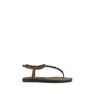 Brunello Cucinelli Brown Calf Leather Bos Taurus Flat Womens Sandals