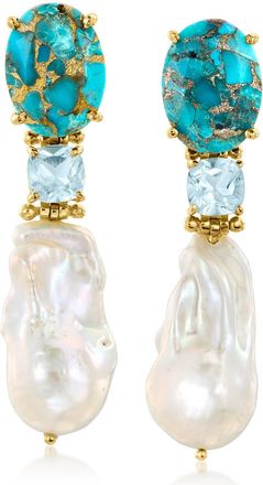 Ross-Simons 12-13mm Cultured Pearl and Sky Blue Topaz Drop Earrings With Turquoise in 18kt Gold Over Sterling