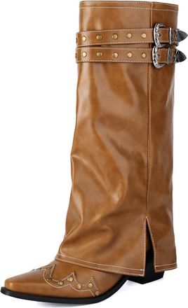 Generic Womens Western Style Slouchy Knee-High Boots PU Leather Studded Decor Double Buckle Straps Side Slit Chunky Block Heels Party Country Casual Shoes,Apr