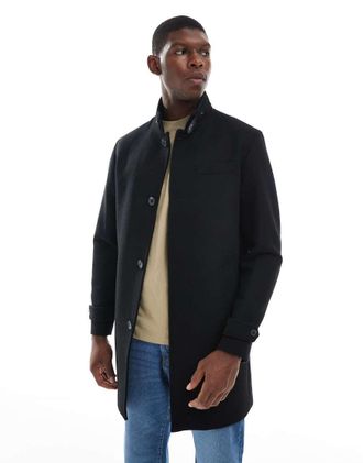 Jack & Jones Cappotto in misto lana nero con scollo a imbuto