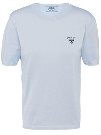 Prada logo-intarsia short-sleeve jumper - women - Silk - 40 - Blue