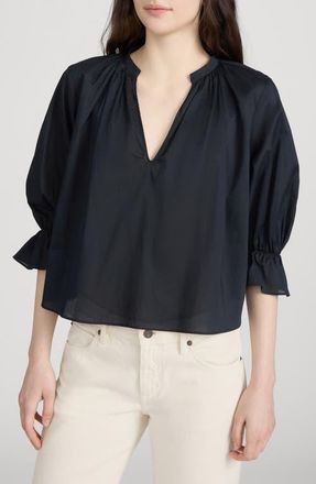 Frame Denim The Poet Ruffle Sleeve Cotton Top in Navy at Nordstrom, Size X-Large
