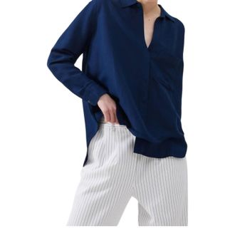 French Connection Birdie Linen Boyfriend Shirt In Midnight Blue