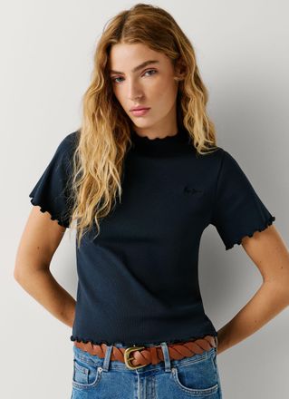 Pepe Jeans London T-Shirt PEPE JEANS NORA, Damen, Gr. XL, dulwich blau, Feinripp, Obermaterial: 95% Baumwolle, 5% Elasthan, unifarben, figurbetont h&uuml;ftlang, hoch geschl