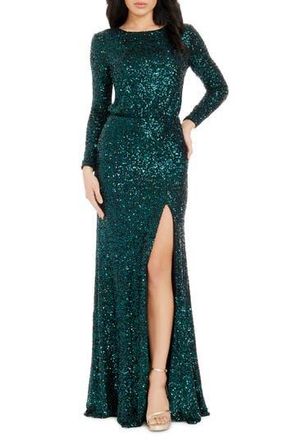 Dress The Population Mischa Sequin Side Slit Long Sleeve Gown in Deep Emerald at Nordstrom Rack, Size Small