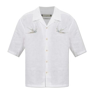 AllSaints Avia Geborduurde Linnen Shirt - Heren - Korte mouwen Overhemden - Beige - S - Linnen - Overhemden
