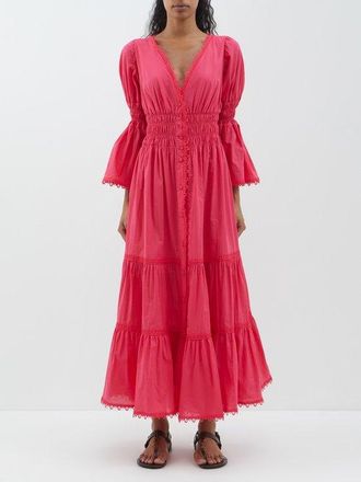 Charo Ruiz Ibiza Lipa V-neck Smocked Cotton-blend Maxi Dress - Womens - Fuschia - L