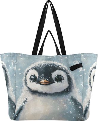 Generic Penguin Snowflake White pattern Reusable Canvas Tote Bag, Heavy Duty Grocery Shopping Bag with Hard Bottom Double Handles Large Capacity Work Grocerie