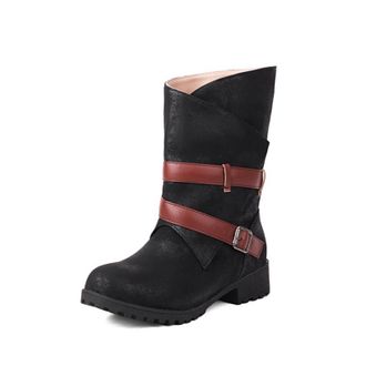 Generic Womens Mid-Calf Boots Buckle Strap Distressed Faux Leather Round Toe Low Block Heel Lug Sole Reinforced Stitching Durable Design,Black,6.5 UK