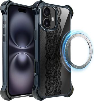 OEM Funda Ibizu Dropguard Ultra Para Iphone 16 Plus Con Magsafe, Color Azul Medianoche, Con Dise&ntilde;o De Encaje Ornamental