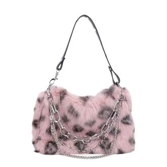 Generic Womens Plush Bags Faux Fur Leopard Shoulder Bag Womens Autumn Winter Chain Handbags Ladies Print Clutch Purses Fluffy Top Handle Bags(Pink)