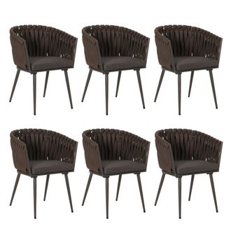 Hhg Nunca Usado] Lote De 6 Sillas De Comedor De Aluminio Hhg 418, Reposabrazos De Silla De Interior, Tejido De Cuerda De Olefina Cuerda, Marr&oacute;n Coj&iacute;n Gris