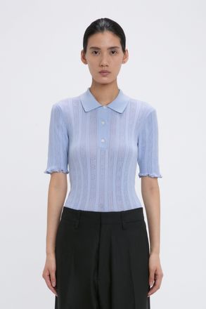 Victoria Beckham Frill Polo Top In Cloud Blue - XS - Womens