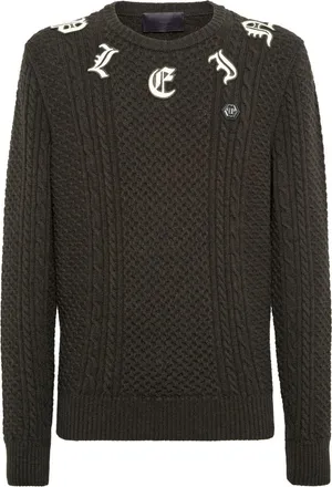 Philipp Plein logo-appliqu&eacute; cable-knit jumper - men - Cashmere/RWS Merino Wool - M - Green