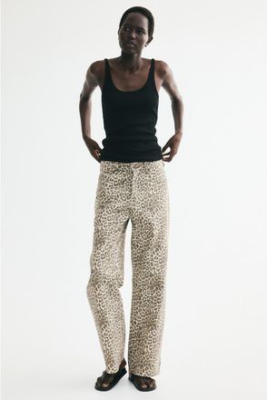 H&M Wide-leg Regular Waist Jeans in Light Beige/leopard Print at Nordstrom, Size 10
