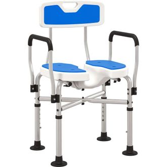 HOMCOM Silla Ducha Personas Mayores Silla De Ducha Con Asiento Ranurado Altura Regulable Antideslizante Respaldo Y Reposabrazos Carga 136 Kg Azul - Homcom