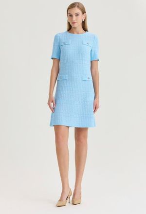 Ming Wang x Family Savvy A-Line Tweed Texture Above-the-Knee Dress in Serene/white at Nordstrom, Size Xx-Small