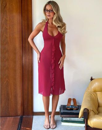 Tiger Mist x Em Venz - Ash - Vestito midi in chiffon rosso allacciato al collo con volant sul davanti