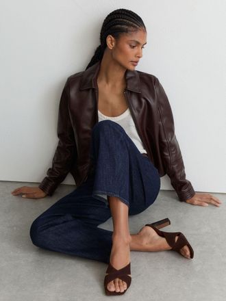 Reiss Chocolate Suede Cross-strap Block-heel Mules, 437