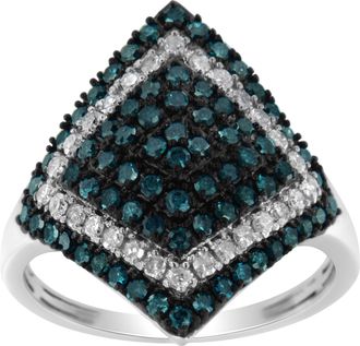 House of Brilliance 925 Sterling Silver 1 cttw White and Treated Blue Diamond Rhombus Cocktail Ring