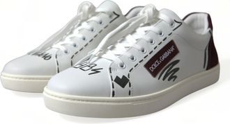 Dolce & Gabbana Mens White Bordeaux Leather Logo Low Top Sneakers Shoes Calf