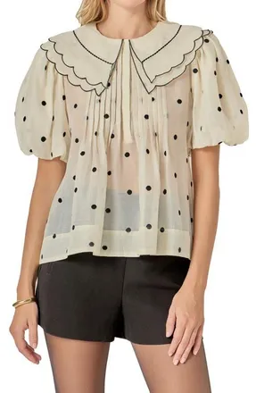 English Factory Scallop Dot Sheer Puff Sleeve Top in Cream at Nordstrom, Size X-Small