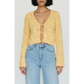 Vero Moda Lola Tie Front Pointelle Knit Cotton Cardigan in Golden Haze at Nordstrom, Size X-Large