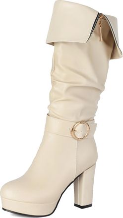 Generic Womens Knee-High Boots Round Toe Chunky Block Heels Ruched Design Buckle Strap Comfortable Non-Slip Wear-Resistant for Date Shopping Casual,Beige,10.5