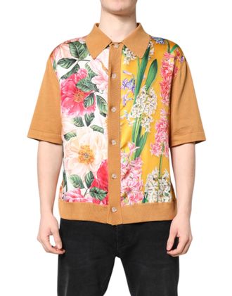 Dolce & Gabbana Mens Brown Floral Collared Short Sleeve T-Shirt Silk Cotton